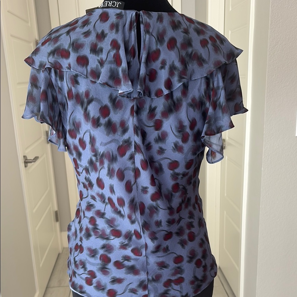 J. Crew Ruffled Chiffon Cap Sleeve Blouse Blue Grey with Cherry Print Size XS - Picture 4 of 10